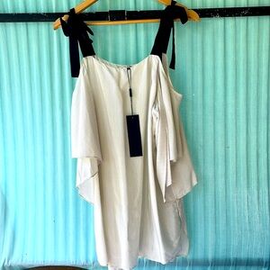 NWT Halston heritage chalk/black pinstripe cold shoulder tie blouse silk size M